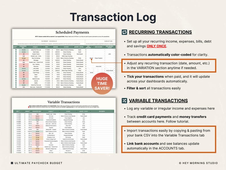 Puede incluir: Un documento digital de planificaci&oacute;n financiera titulado "Transaction Log" con secciones para transacciones programadas y variables. Incluye claridad codificada por colores, ajuste de transacciones y enlace de cuentas bancarias. El texto incluye "HUGE TIME SAVER!" y "ULTIMATE PAYCHECK BUDGET."