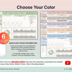 May include: A digital spreadsheet with data visualizations, including charts and graphs, showcasing six color themes. The text "Choose Your Color" is at the top. The image also includes the text "Quick & Easy Color Customization".