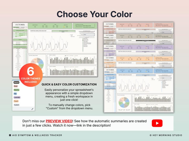 May include: A digital spreadsheet with data visualizations, including charts and graphs, showcasing six color themes. The text "Choose Your Color" is at the top. The image also includes the text "Quick & Easy Color Customization".