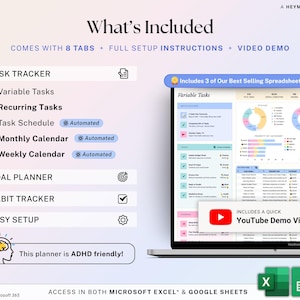 May include: Digital planner with task tracker, goal planner, and habit tracker features. Includes automated monthly and weekly calendars. The planner is ADHD friendly and works with Microsoft Excel and Google Sheets. Includes a YouTube demo video.