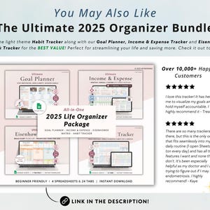 May include: The Ultimate 2025 Organizer Bundle, a digital product with Goal Planner, Income & Expense Tracker, Eisenhower Matrix, and Habit Tracker. The image shows a light theme design with a Google Sheets interface. Includes beginner-friendly spreadsheets and 24 tabs.