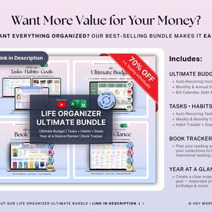 Może przedstawiać: Cyfrowy pakiet organizera życia z tekstem "Want More Value for Your Money?" i "Life Organizer Ultimate Bundle". Zawiera plannery budżetu, zadań, nawyk&oacute;w, cel&oacute;w i roczne. Czerwony baner wskazuje 70% zniżki.