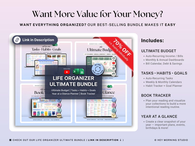 Może przedstawiać: Cyfrowy pakiet organizera życia z tekstem "Want More Value for Your Money?" i "Life Organizer Ultimate Bundle". Zawiera plannery budżetu, zadań, nawyk&oacute;w, cel&oacute;w i roczne. Czerwony baner wskazuje 70% zniżki.