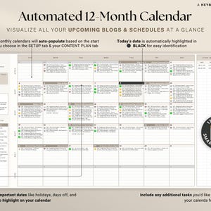 May include: An automated 12-month calendar with the text "Automated 12-Month Calendar" at the top. The calendar displays the month of May with a grid layout. The text "Today's date is automatically highlighted in BLACK" is also visible.