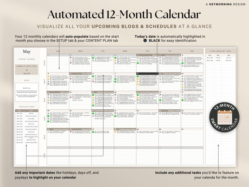 May include: An automated 12-month calendar with the text "Automated 12-Month Calendar" at the top. The calendar displays the month of May with a grid layout. The text "Today's date is automatically highlighted in BLACK" is also visible.