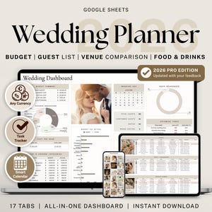 Hochzeitsplaner Tabelle für Google Sheets, Digitale Hochzeitsplanung, Budget Tracker, Timeline, Checkliste, Antwortliste, Sitzplan