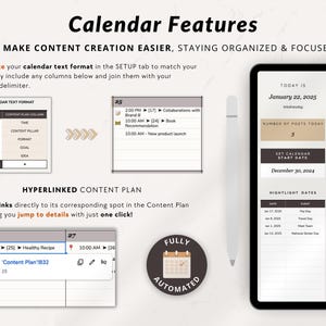 May include: A digital calendar app with a brown and white color scheme. The app features a calendar view with dates, a content plan tab, and a setup tab. The app is fully automated and allows users to personalize their calendar text format.