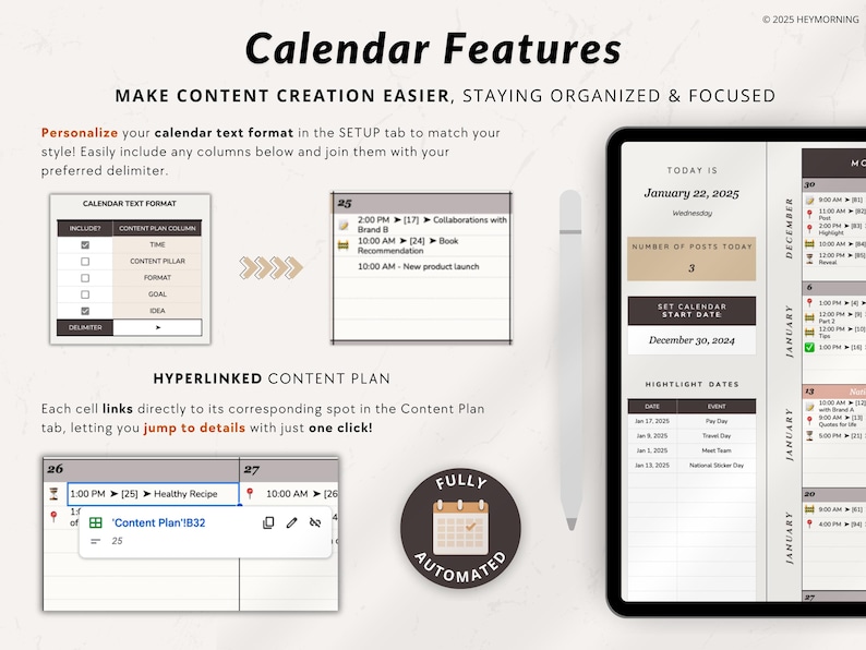 May include: A digital calendar app with a brown and white color scheme. The app features a calendar view with dates, a content plan tab, and a setup tab. The app is fully automated and allows users to personalize their calendar text format.