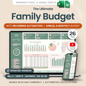 Familien und Paare Budget Tabelle für Haushaltsausgaben Kinder und Familie Monatliches Jahresbudget Google Sheets Excel Bill Debt Tracker
