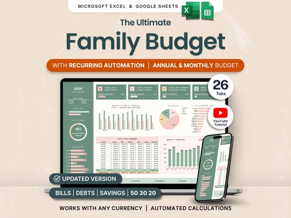 Family and Couples Budget Spreadsheet for Household Expenses Kids and Family Monthly Annual Budget Google Sheets Excel Bill Debt Tracker