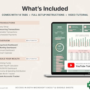Puede incluir: Una pantalla de port&aacute;til muestra un panel financiero con gr&aacute;ficos. El texto "What's Included" est&aacute; en la parte superior, con listas de funciones como "Transactions" y "Build Your Wealth". La imagen tambi&eacute;n incluye un enlace a un tutorial de YouTube e iconos de Microsoft Excel y Google Sheets.