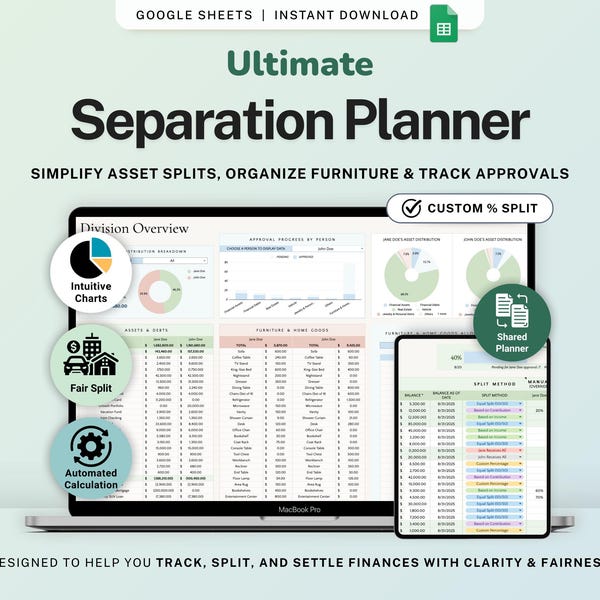 Divorce Planner Spreadsheet Asset Division Google Sheets Divorce Financial Settlement Property & Debt Split Separation Agreement Transition