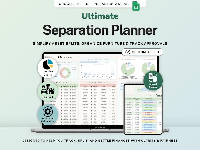 Divorce Planner Spreadsheet Asset Division Google Sheets Divorce Financial Settlement Property & Debt Split Separation Agreement Transition image 1