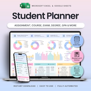 Planificador académico para estudiantes Hojas de cálculo de Google Seguimiento de tareas de Excel Planificador de estudios universitarios Horario de clases Calculadora de GPA de grado