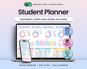 Planificador académico para estudiantes Hojas de cálculo de Google Seguimiento de tareas de Excel Planificador de estudios universitarios Horario de clases Calculadora de GPA de grado
