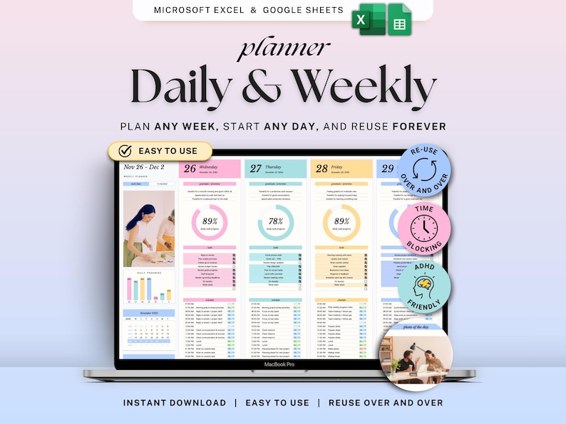 Weekly Planner Daily Schedule Google Sheets ADHD Weekly Time Blocking ...