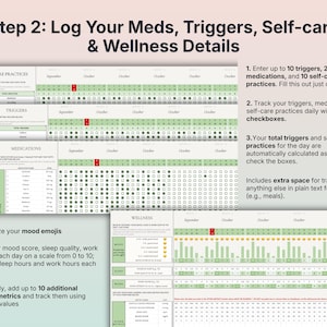 May include: A wellness tracker with the text "Step 2: Log Your Meds, Triggers, Self-care & Wellness Details." The tracker includes sections for self-care practices, triggers, medications, and wellness details. It features checkboxes and space for tracking mood, sleep, and work intensity.