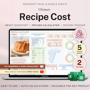 Recipe Cost and Pricing Calculator Spreadsheet for Bakery and Food Business Pricing Tool Google Sheets Excel Cake Ingredient Cost and Profit