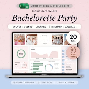 May include: A digital bachelorette party planner for Microsoft Excel and Google Sheets displayed on a laptop screen. The interface features 20 tabs, budget trackers, guest lists, checklists, itineraries, and calendars with a pink and green colour scheme.