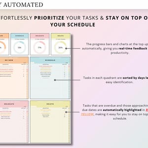 Puede incluir: Un planificador digital con cuatro cuadrantes etiquetados como "Hacer ahora", "Programar", "Delegar" y "Eliminar". Cada cuadrante tiene una barra de progreso y una lista de tareas. Las barras de progreso y los gr&aacute;ficos de la parte superior se actualizan autom&aacute;ticamente, brind&aacute;ndote retroalimentaci&oacute;n en tiempo real sobre tu productividad. Las tareas de cada cuadrante se ordenan por d&iacute;as restantes para una f&aacute;cil identificaci&oacute;n. Las tareas vencidas y las que se acercan a su fecha l&iacute;mite se resaltan autom&aacute;ticamente en rojo y amarillo, lo que facilita que te mantengas al tanto de tu horario.