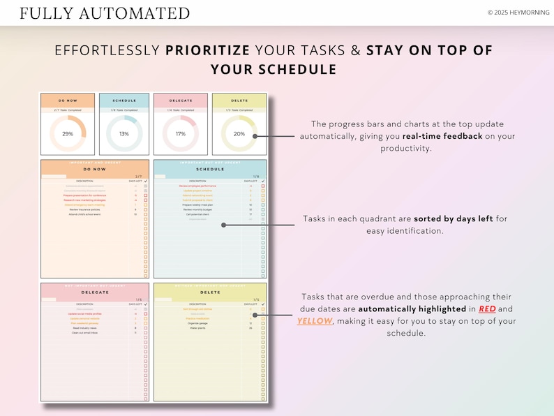 Puede incluir: Un planificador digital con cuatro cuadrantes etiquetados como "Hacer ahora", "Programar", "Delegar" y "Eliminar". Cada cuadrante tiene una barra de progreso y una lista de tareas. Las barras de progreso y los gr&aacute;ficos de la parte superior se actualizan autom&aacute;ticamente, brind&aacute;ndote retroalimentaci&oacute;n en tiempo real sobre tu productividad. Las tareas de cada cuadrante se ordenan por d&iacute;as restantes para una f&aacute;cil identificaci&oacute;n. Las tareas vencidas y las que se acercan a su fecha l&iacute;mite se resaltan autom&aacute;ticamente en rojo y amarillo, lo que facilita que te mantengas al tanto de tu horario.