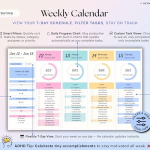 May include: A digital weekly calendar with a clean, colorful design. It features a 7-day schedule, task filters, and progress charts. The calendar includes the text "Weekly Calendar" and "View your 7-day schedule, filter tasks, stay on track."