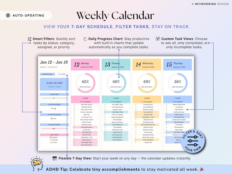 May include: A digital weekly calendar with a clean, colorful design. It features a 7-day schedule, task filters, and progress charts. The calendar includes the text "Weekly Calendar" and "View your 7-day schedule, filter tasks, stay on track."