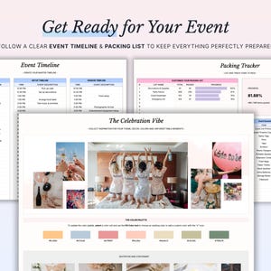Pode incluir: Um modelo digital de planeamento de eventos com cronograma, lista de embalagem e um quadro de inspira&ccedil;&atilde;o The Celebration Vibe. O layout inclui tabelas de agendamento, barras de progresso, uma paleta de cores e colagens de fotos.
