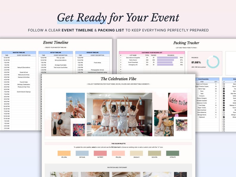 Pode incluir: Um modelo digital de planeamento de eventos com cronograma, lista de embalagem e um quadro de inspira&ccedil;&atilde;o The Celebration Vibe. O layout inclui tabelas de agendamento, barras de progresso, uma paleta de cores e colagens de fotos.