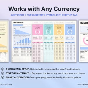 Peut inclure: Un tableur num&eacute;rique de suivi de remboursement de dettes comprenant un onglet Debt Avalanche, un Debt Dashboard et un onglet Custom. L'interface affiche des graphiques color&eacute;s, des anneaux de progression et des tableaux pour suivre les soldes.