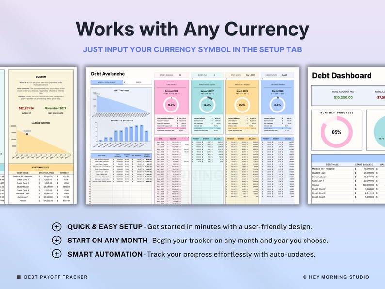 Peut inclure: Un tableur num&eacute;rique de suivi de remboursement de dettes comprenant un onglet Debt Avalanche, un Debt Dashboard et un onglet Custom. L'interface affiche des graphiques color&eacute;s, des anneaux de progression et des tableaux pour suivre les soldes.