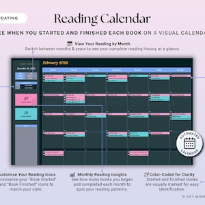 Może przedstawiać: Cyfrowy kalendarz czytania z tekstem "Reading Calendar" i "February 2026". Kalendarz wyświetla siatkę z kolorowymi wpisami do śledzenia książek. Zawiera automatyczne aktualizacje i miesięczne statystyki czytania.