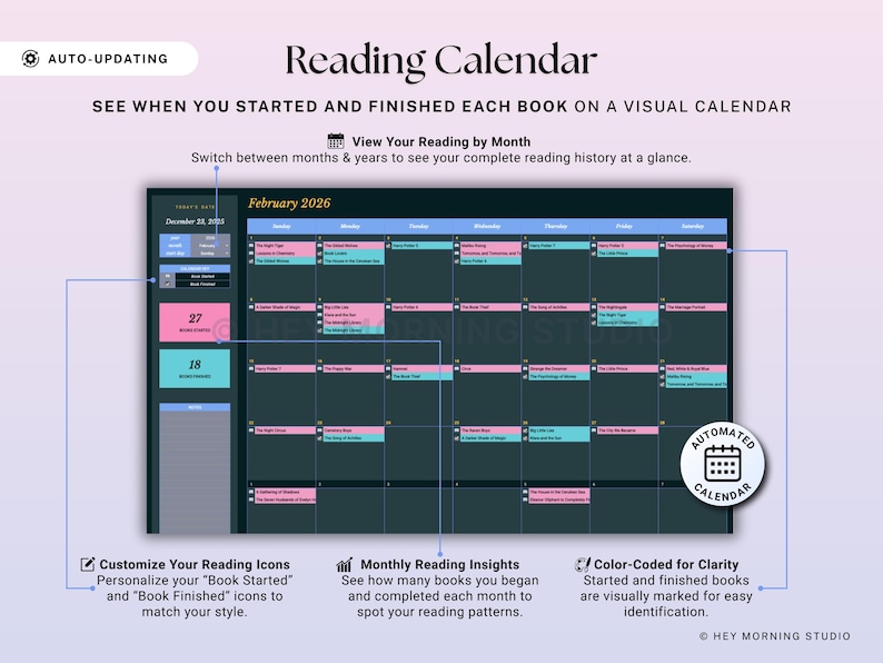 Może przedstawiać: Cyfrowy kalendarz czytania z tekstem "Reading Calendar" i "February 2026". Kalendarz wyświetla siatkę z kolorowymi wpisami do śledzenia książek. Zawiera automatyczne aktualizacje i miesięczne statystyki czytania.