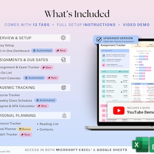 Academic Student Planner Google Sheets Excel University Planner Spreadsheet College Assignment Tracker Class Timetable Degree Planner GPA image 2