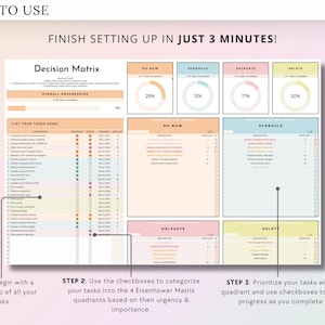 Puede incluir: Un planificador de productividad imprimible con una matriz de decisi&oacute;n, una lista de tareas y cuatro cuadrantes etiquetados como "Hacer ahora", "Programar", "Delegar" y "Eliminar". El planificador incluye casillas de verificaci&oacute;n para realizar un seguimiento del progreso y porcentajes para indicar la finalizaci&oacute;n de las tareas.