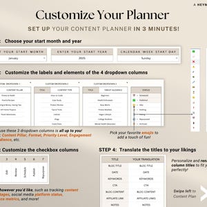 May include: A digital planner guide with the title "Customize Your Planner" and instructions to set up a content planner in 3 minutes. The guide includes steps for customizing dropdown columns, checkboxes, and translating titles. The image features a neutral color palette.