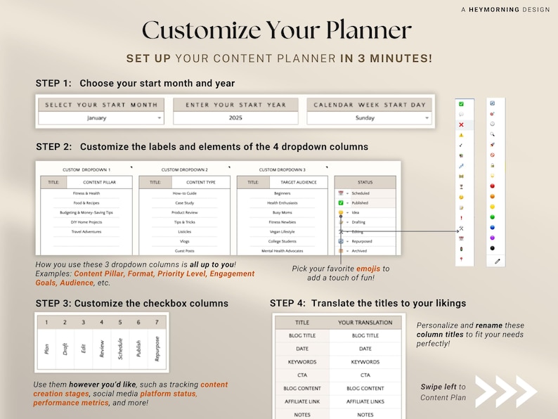May include: A digital planner guide with the title "Customize Your Planner" and instructions to set up a content planner in 3 minutes. The guide includes steps for customizing dropdown columns, checkboxes, and translating titles. The image features a neutral color palette.