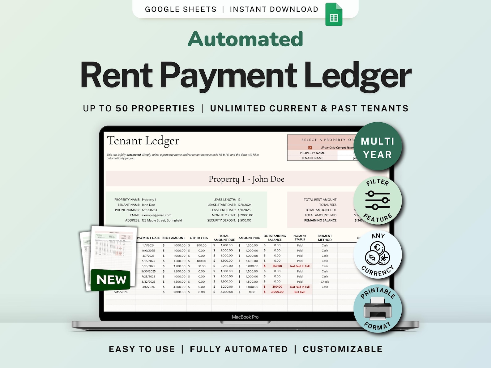 Pad Rent Sheet Rent Payment Ledger Spreadsheet Tenant Ledger Google Sheets Landlord ...