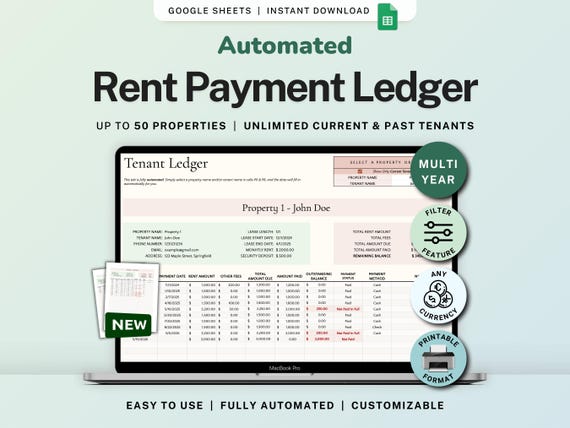 Rent Payment Ledger Spreadsheet Tenant Ledger Google Sheets Landlord Rent Tracker Tenant Tracker Property Rent Tracker Bookkeeping Template