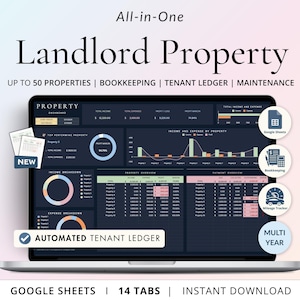 Multi-Property Rent Tracker Tabelle Dark Mode-Verkäufer Buchhaltung Google Sheets Mieteinnahmen Ausgaben Tenant Ledger Rent Managment