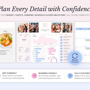 Pode incluir: Uma interface de planejador de eventos digital com o texto Plan Every Detail with Confidence. O layout inclui uma se&ccedil;&atilde;o de menu, um painel central com gr&aacute;ficos de or&ccedil;amento, fotos de convidados e uma visualiza&ccedil;&atilde;o de calend&aacute;rio mensal. Um &iacute;cone circular azul exibe o texto Reuse Forever, enquanto os pain&eacute;is inferiores destacam recursos como Any Currency, Beginner-Friendly e Fully Customizable.
