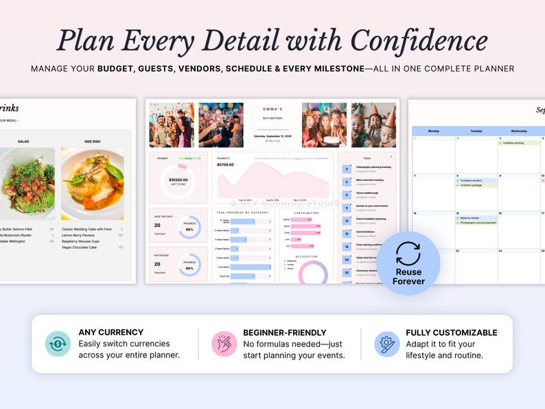 Pode incluir: Uma interface de planejador de eventos digital com o texto Plan Every Detail with Confidence. O layout inclui uma se&ccedil;&atilde;o de menu, um painel central com gr&aacute;ficos de or&ccedil;amento, fotos de convidados e uma visualiza&ccedil;&atilde;o de calend&aacute;rio mensal. Um &iacute;cone circular azul exibe o texto Reuse Forever, enquanto os pain&eacute;is inferiores destacam recursos como Any Currency, Beginner-Friendly e Fully Customizable.