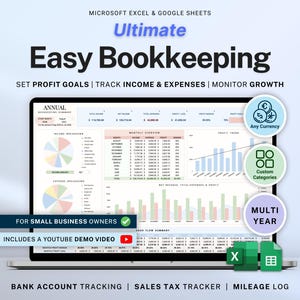 Small Business Bookkeeping Template Income Expense Tracker Google Sheets Excel Profit & Loss Accounting Spreadsheet Self Employed Freelancer