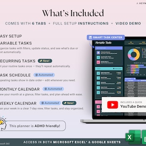 May include: Digital planner with a clean, modern design, displayed on a laptop screen. The planner includes features like easy setup, variable and recurring tasks, a task schedule, and monthly and weekly calendars. The planner is ADHD friendly and works with Microsoft Excel and Google Sheets.