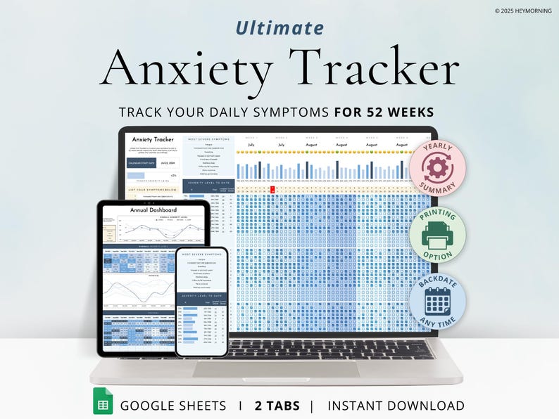 Anxiety Tracker, Mental Health Tracker; Track anxiety symptoms for up to 52 weeks; Lifetime usability; Includes an Annual Symptom Severity Dashboard and printing instructions; Google Sheets; Customizable Theme Colors; Chronic Anxiety Management