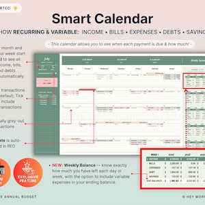 Może przedstawiać: Cyfrowy inteligentny kalendarz z napisem "Smart Calendar" i instrukcjami śledzenia dochod&oacute;w, rachunk&oacute;w, wydatk&oacute;w, dług&oacute;w i oszczędności. Kalendarz pokazuje widoki tygodniowe i miesięczne z opcjami dla transakcji cyklicznych i zmiennych.