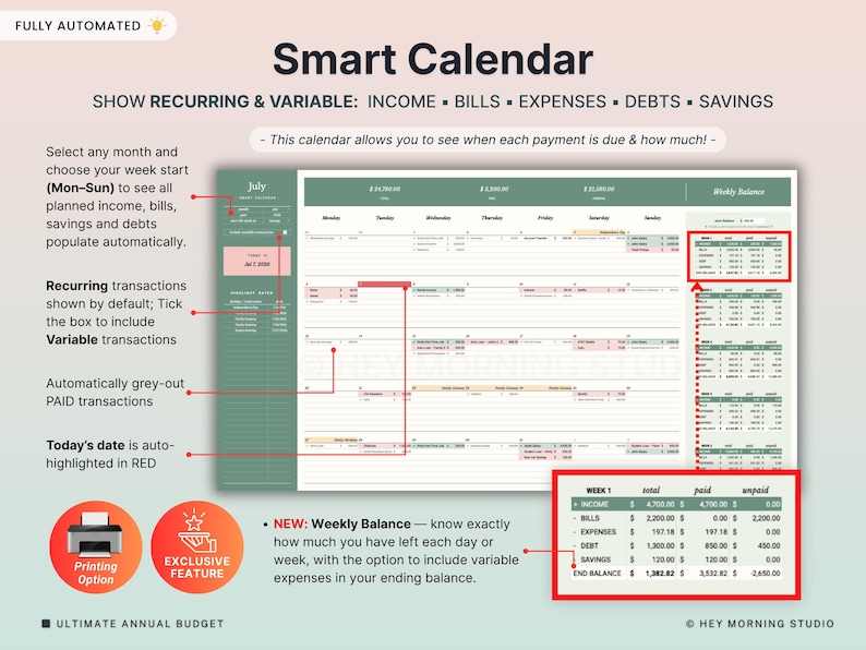 Może przedstawiać: Cyfrowy inteligentny kalendarz z napisem "Smart Calendar" i instrukcjami śledzenia dochod&oacute;w, rachunk&oacute;w, wydatk&oacute;w, dług&oacute;w i oszczędności. Kalendarz pokazuje widoki tygodniowe i miesięczne z opcjami dla transakcji cyklicznych i zmiennych.