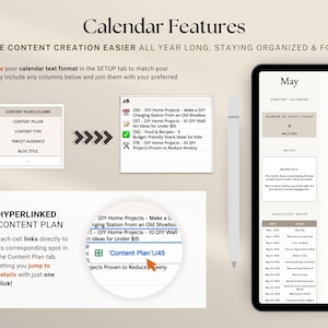 May include: Digital calendar features displayed on a tablet, with a white stylus. The screen shows calendar features, including content plan options, and a May calendar view. Text includes "Calendar Features" and "Hyperlinked Content Plan."
