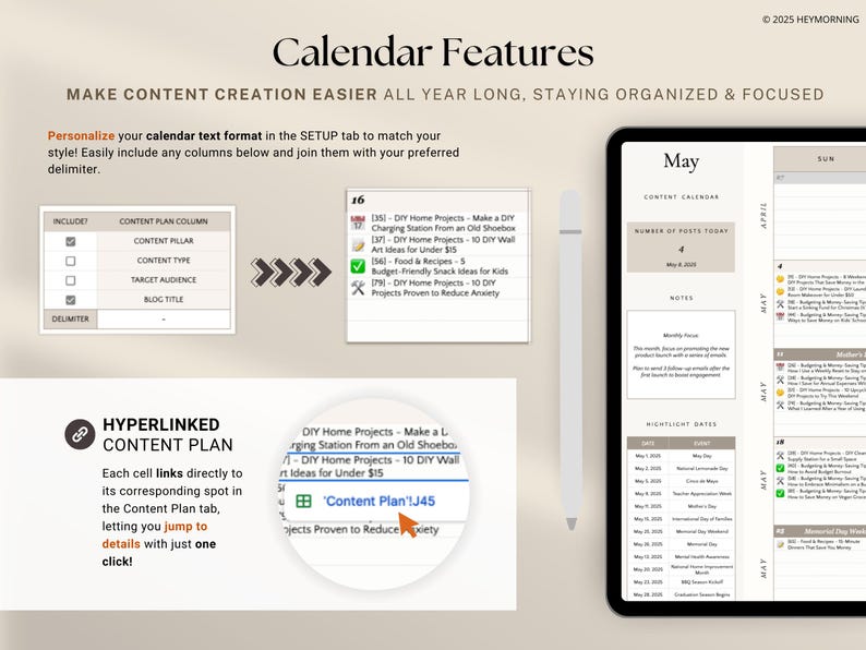 May include: Digital calendar features displayed on a tablet, with a white stylus. The screen shows calendar features, including content plan options, and a May calendar view. Text includes "Calendar Features" and "Hyperlinked Content Plan."
