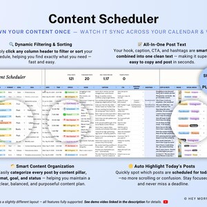 Op de afbeelding: Een digitale content scheduler-interface met de titel "Content Scheduler". Functies zijn onder meer dynamisch filteren, alles-in-&eacute;&eacute;n posttekst, slimme contentorganisatie en automatische markering van berichten van vandaag. De interface ondersteunt meerdere platforms.